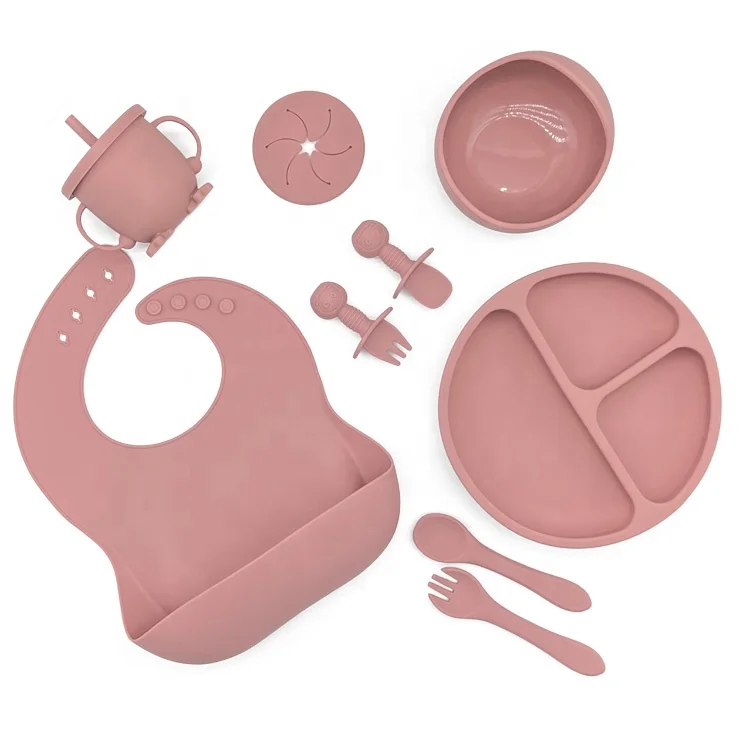 Wholesale Silicone Baby Feeding Gift Box Set Dinner Supplies Silicone Bowl Baby Feeding Set Silicone Baby Feeding Set Gift Pink