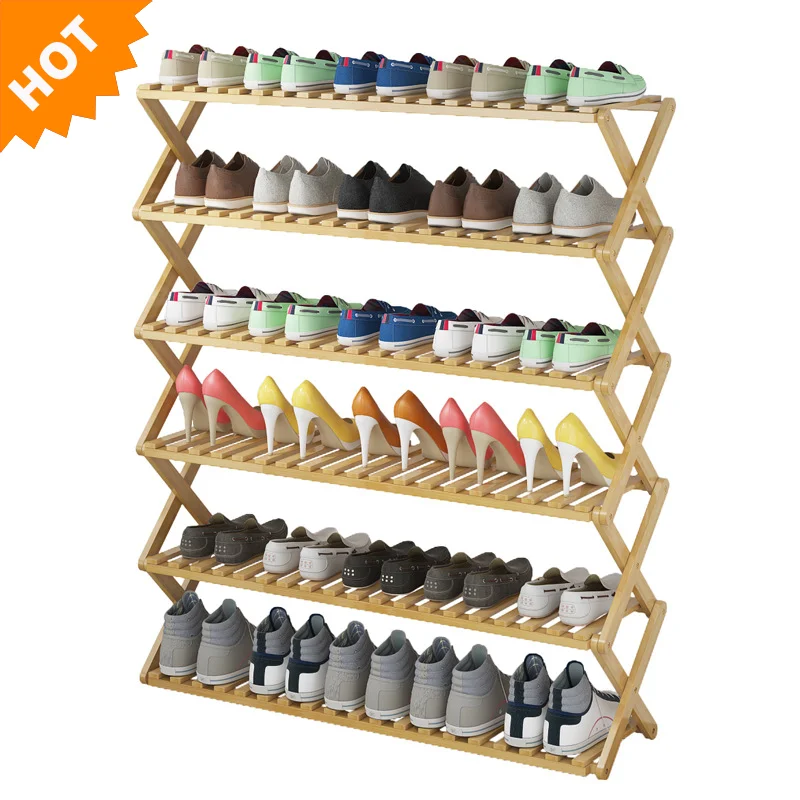 
AliGan Bamboo shoe rack storage organizer installation free foldable shelf multi tier shelve stackable layer stand modern design 