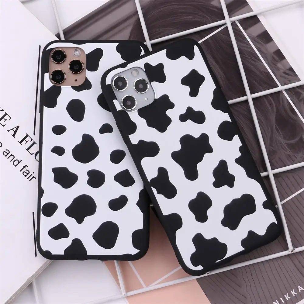 Cow Milk Black border Silicone For iPhone 12 13 14 Pro Max  Soft Silicone Candy Case Fundas