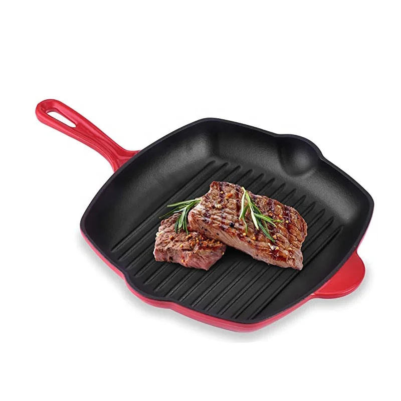 Nonstick Square Cast Iron Skillet Grilling Pan, Enameled Cast Iron Skillet Steak Pan with Side Drip Spout