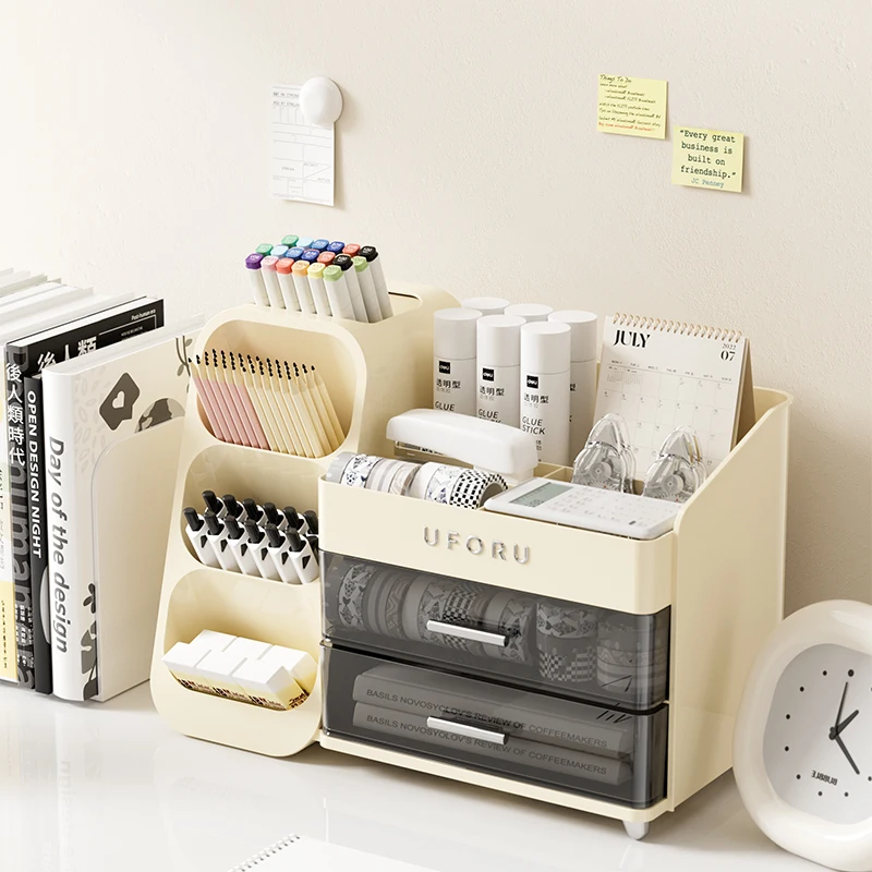 4 slots pen holder Pencil notebook Student Stationery container Sticky Notes calculator stapler Organizer Tray with 2 Drawers