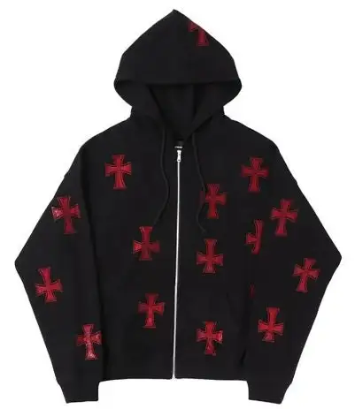 Y2K Full Zip Up Streetwear Cross Rhinestone Logo 500Gsm Anti Pilling Cotton Unisex Oversized Mens Gothic Hoodie