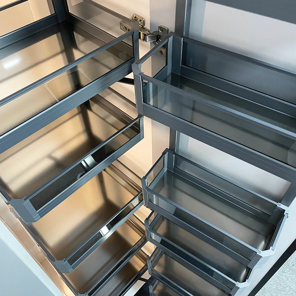 Tandem pull out pantry storage 600 mm Glass and Aluminium Tall Unit Storage Pantry Unit Kitchen Cabinet Accessories