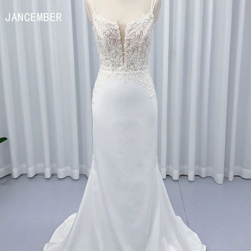 Spaghetti Strap Sheath Wedding Dress Appliqued Pearl Beaded Low Back Crepe Bridal Gown Hx03
