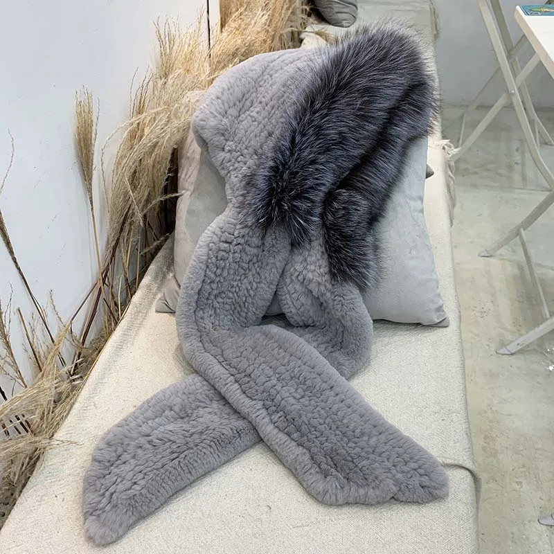 High Quality Winter fur hats for women Luxury Rex Rabbit Fur Scarf Warm Hat Natural Soft Fluffy Windproof hat and scarf set
