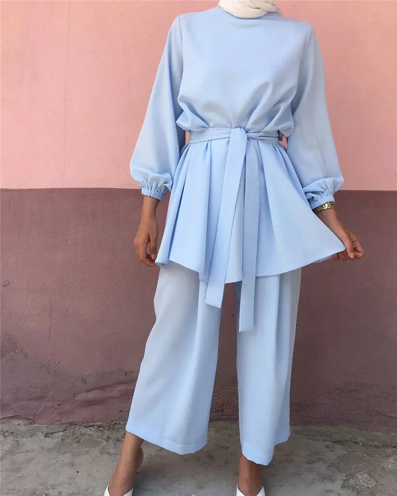 New Trendy Solid Tunic Pant Suit Muslim Women Clothing Tunics
