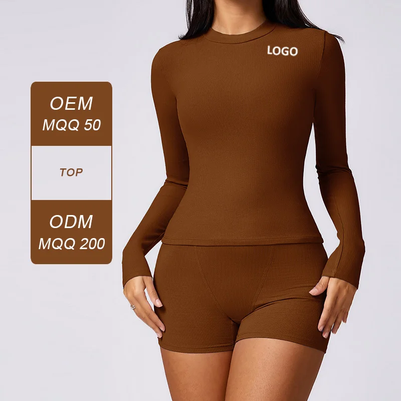 DCX8714 Women Crew Neck Super Stretchy Ribbed Long Sleeve T-shirt Slim Fit Yoga Tops Gym Fitness Workout Activewear