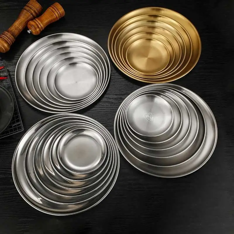 304 Stainless Steel Dishes Adult Reusable Camping Plates Dishwasher Safe Feeding Serving Flat Round Dessert Plate Camping BBQ