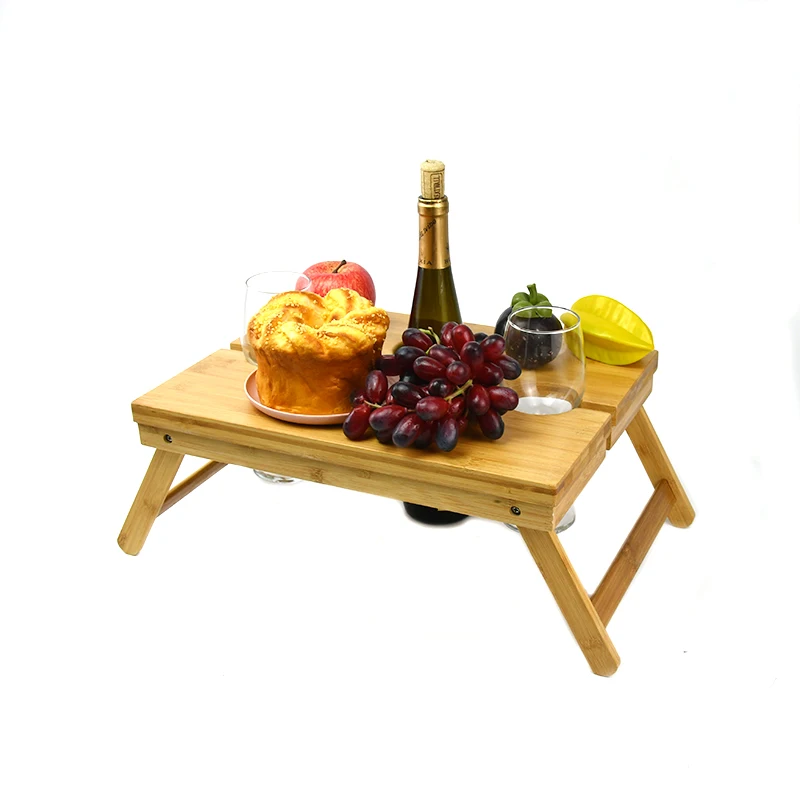 Bamboo Event Table Low Simple Setup Short Picnic Tables Compact Mini Wood Folding Wine and Champagne Holder for 2 Person
