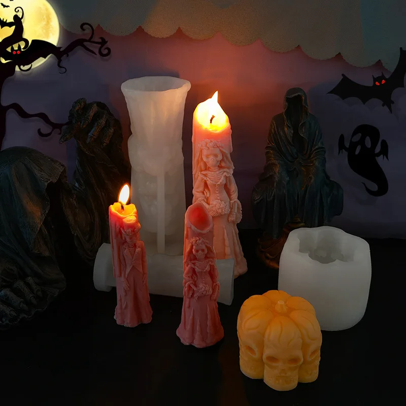 HY 3D Skull Candle Mold Halloween Column Silicone Resin Mold for Plaster Candle Soap Wax Making