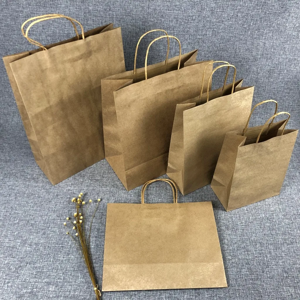 G25 15% off personalized kraft paper bag with handles square bottom brown reusable coffee fast food packaging wholesale