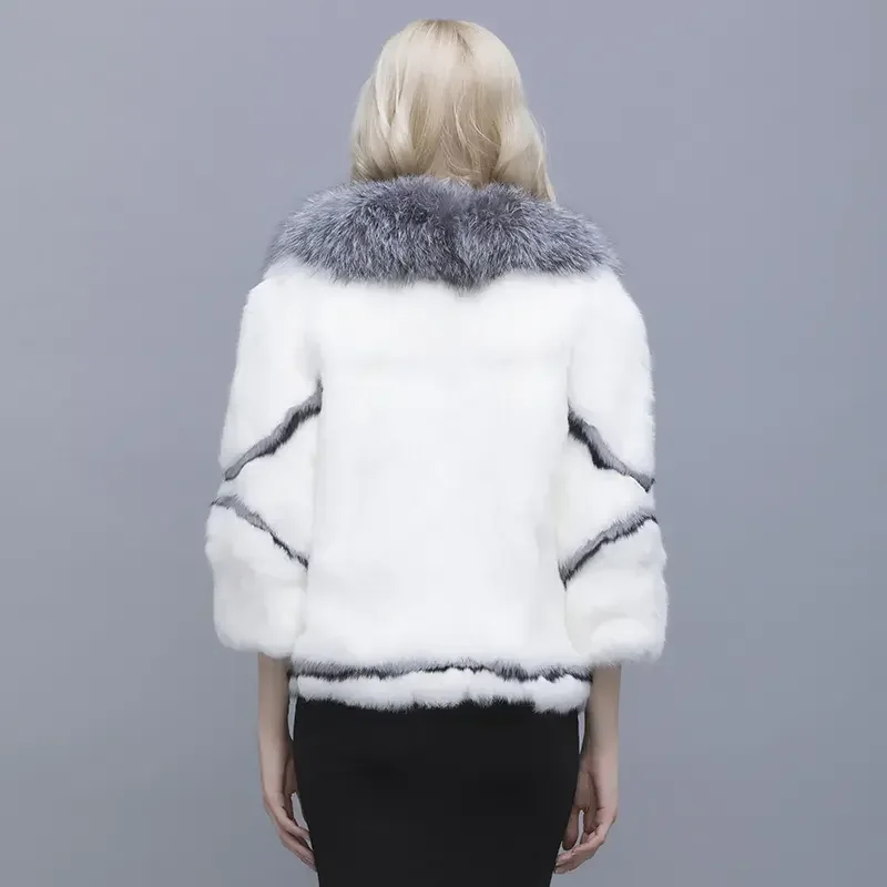 MWFur Women Winter Coats Black Woman Casual Coat For Women Fashion Winter Rabbit Fur Coat With Fox Fur Collar Rabbit Skin
