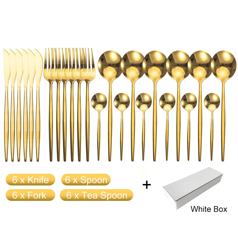 Snyno High Quality 24pcs Golden Plated Flatware Set Silverware 304 Stainless Steel Gold Cutlery for Wedding Restaurant