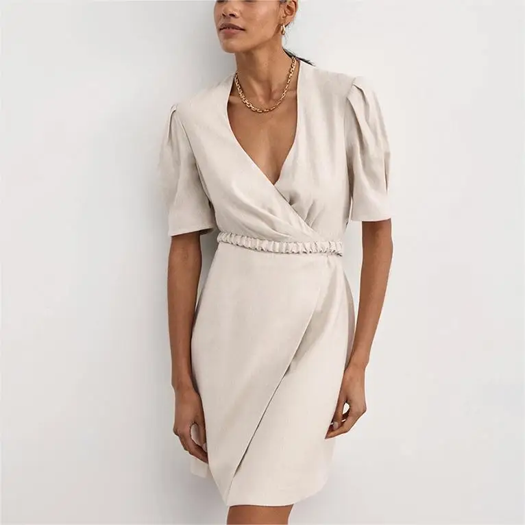 Summer A-Line Short Sleeve Solid Empire V Neck Knee Length Casual Custom Cotton Linen Short Dresses Women High Quality European