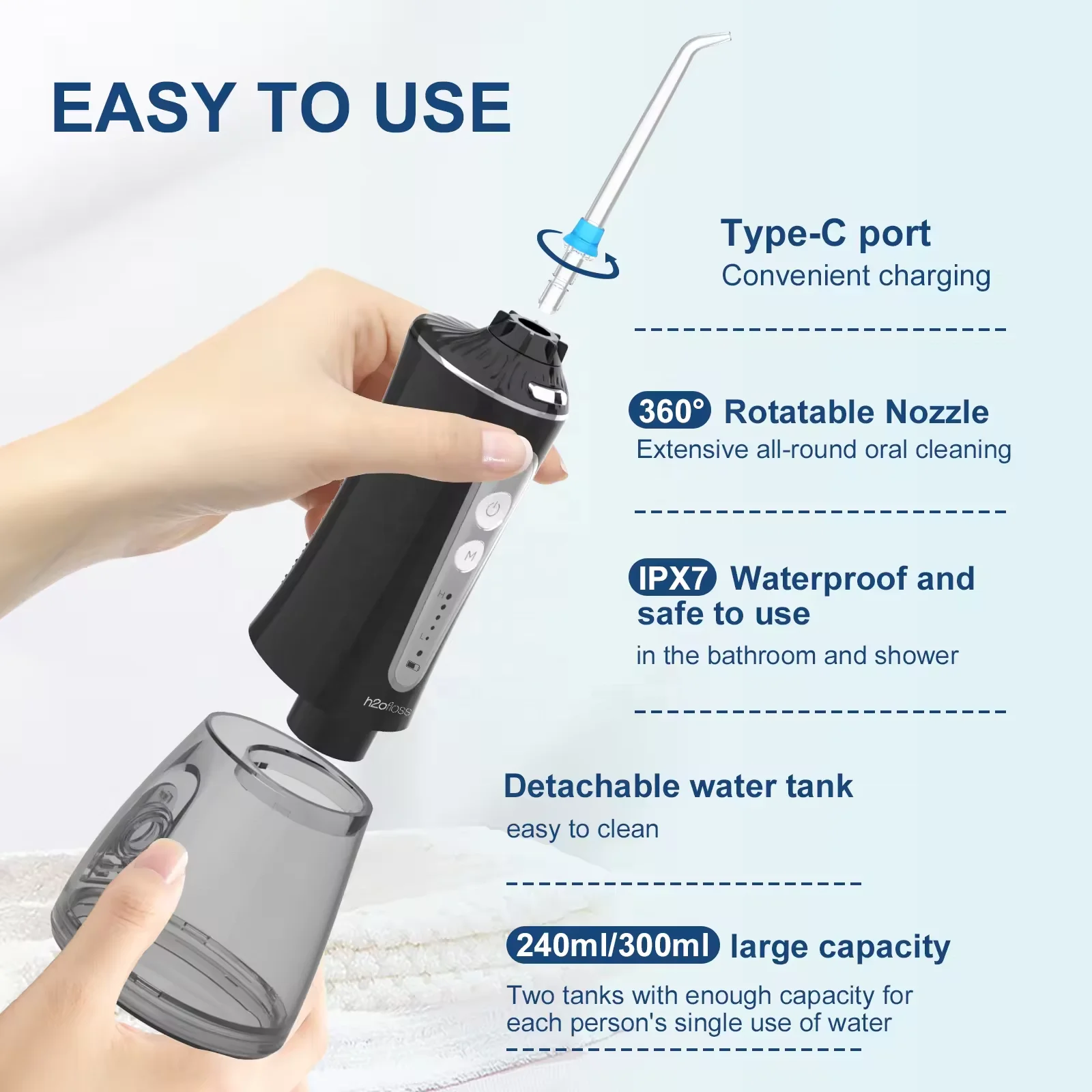 H2ofloss HF-P11 Water Flosser 2000mAh Type-C Rechargeable Oral Irrigator 300ML Electric Oral Flusher IPX7 Oral Teeth Cleaner