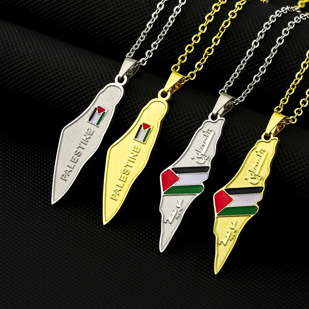 BINSHUO Enameled Palestine Necklace Stainless Steel Jewelry Enamel Relief Letter Palestine National Flag Map Pendant Necklace