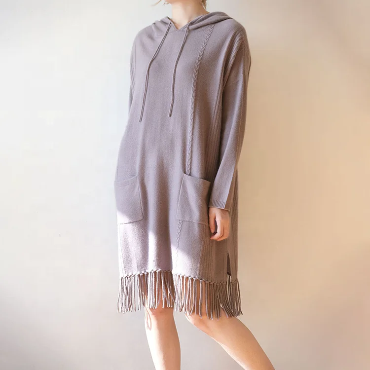 Women Casual Boho Sweater Long Sleeve Hooded Cashmere Merino Wool Dress Women With Tassels and Pockets
