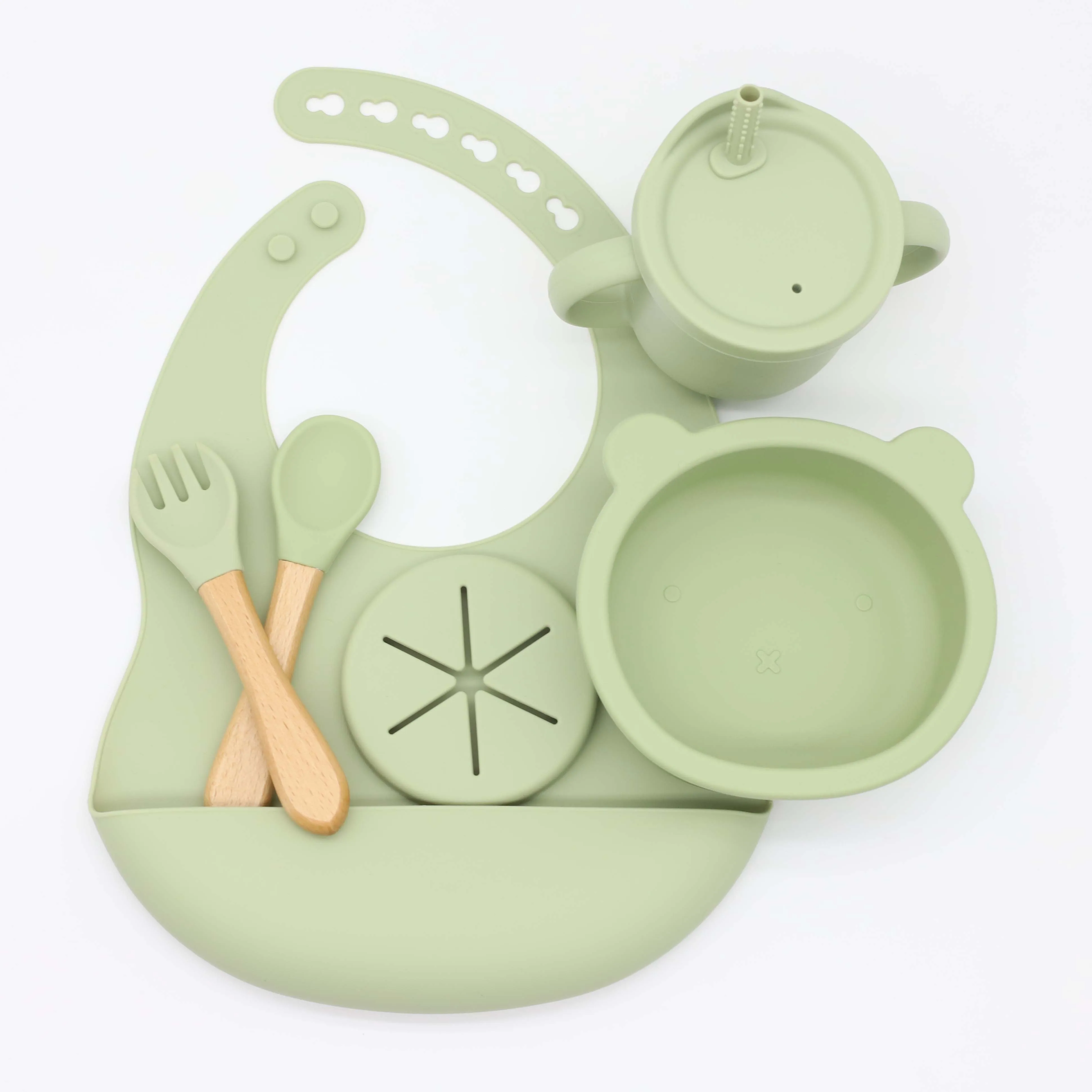 Safety Baby Solid Plain Colors Soft Silicone Baby Bibs bear bowl 2-in-1 sippy snack cup spoon fork Easy to Clean and Waterproof
