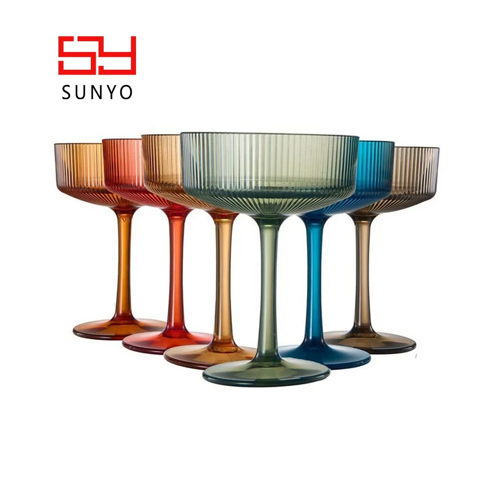 Classic Vintage Design Elegant Stripe Ribbed Coupe Cocktail Glass Leadfree Crystal Vintage Martini coloured glass cocktail set