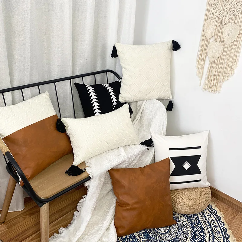 Patchwork Nordic Casual Crocheted Style Cotton Living Room Sofa Decorative Pillowcase Cushion Cover With Tassels