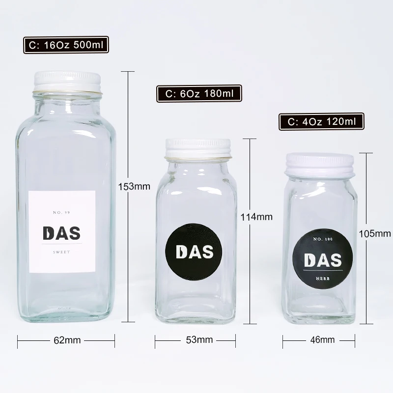 Wholesale Empty Square Kitchen 4oz 120ml 6oz 16oz Seasoning Bottles Pepper Glass Spice Jar with Shaker Bamboo Lids