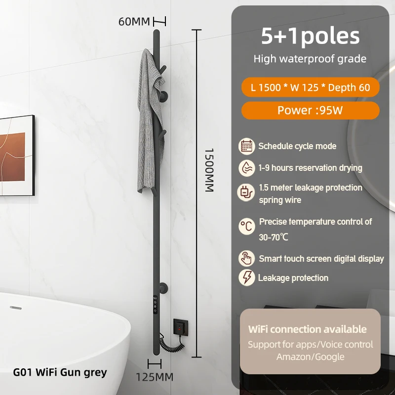 Smart WiFi Electric Towel Rack Customizable Colors Black/White for Household Bathroom Drying and Heating with European Socket