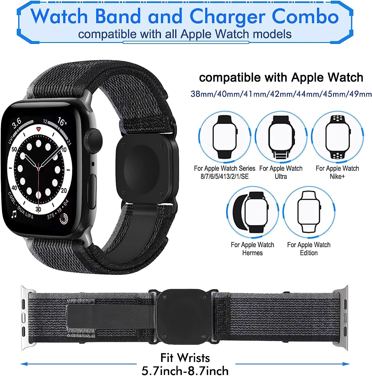 TITUO Newest Sport Loop Nylon Band Magnetic Wireless Charging for apple Watch 7 8 SE