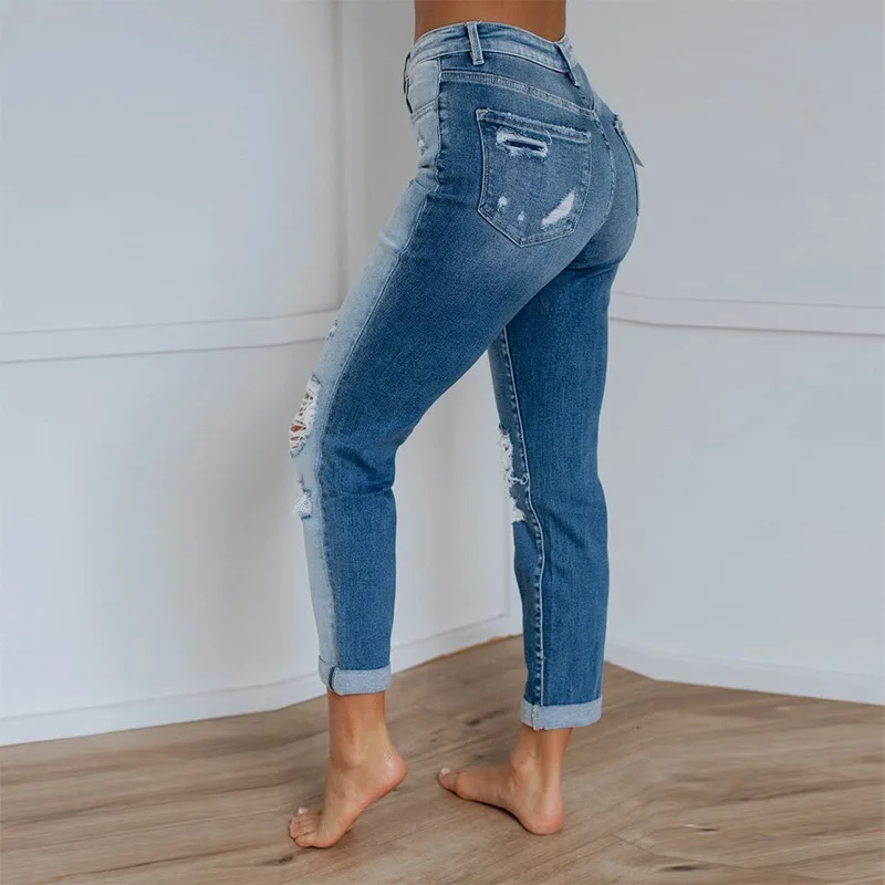 Trendy European And American Pencil ripped Pants Light Blue Light Color Stretch Jeans Women Pants mixed trousers