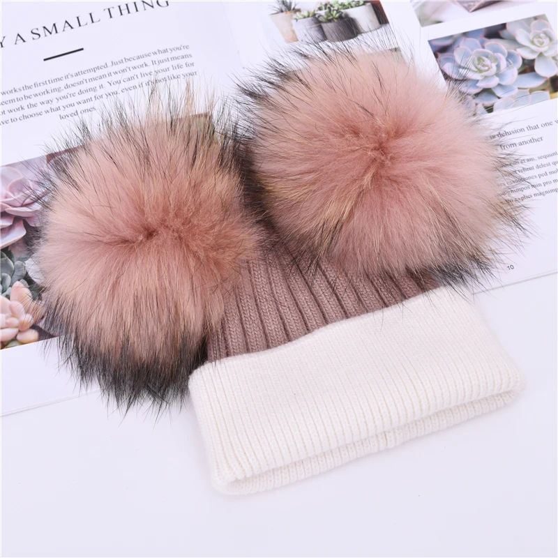 Wholesale Thick Warm Custom Logo Real Fur Pom Pom Hat Cute Ball Skull Luxury Winter Soft Cashmere Knitted Kids Beanie Supplier