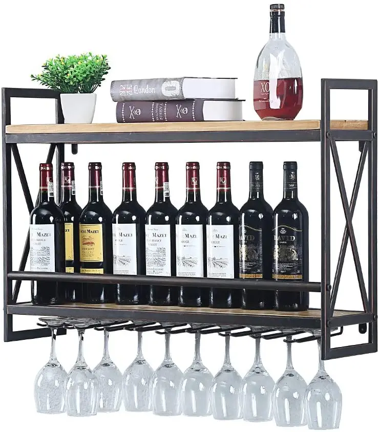 Custom 2-Tiers Floating Wall Mount Bottle Holder Glass Rack Wood Shelves Wall Shelf Metal Hanging Wine Racks Holder
