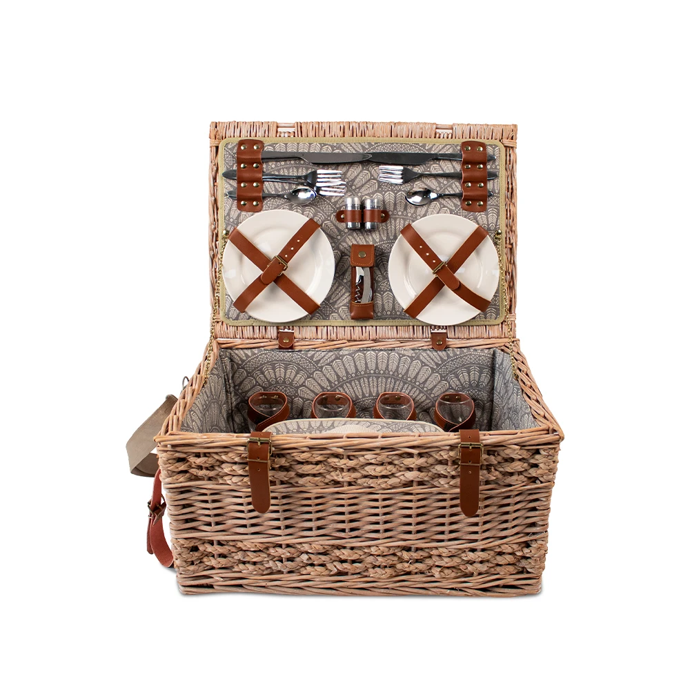JY Rattan Picnic Basket Set with Insulated Liner and Waterproof Picnic Blanket Wine Pouch Large Wicker Picnic Hamper for Camping