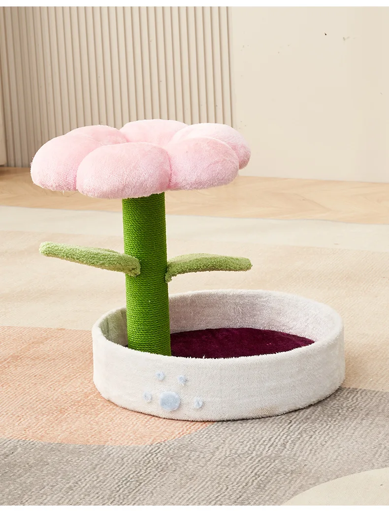 Luxury Large Cat Tree Tower Solid Wood and Soft Velvet Sisal Scratching Post with Woolen Flower for Kitten Climbing