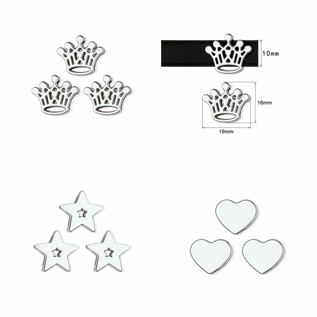 Wholesale Zinc Alloy 10mm Jewelry Accessories Crown Star Heart Slide Charms For 10mm Wristband Belt