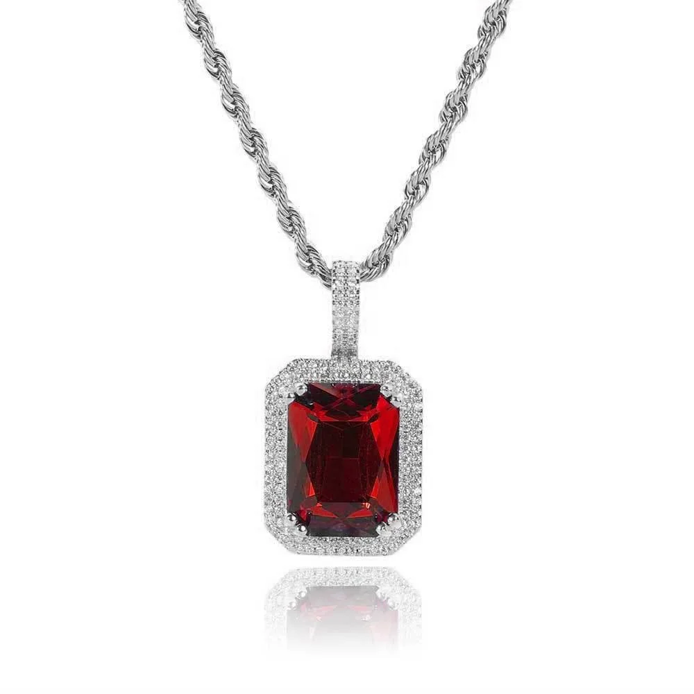 IG Bust Down Red Ruby Blue Pink Gem Iced Out Charm Square Pendant Necklace CZ Hip Hop Diamond Women Men Jewelry