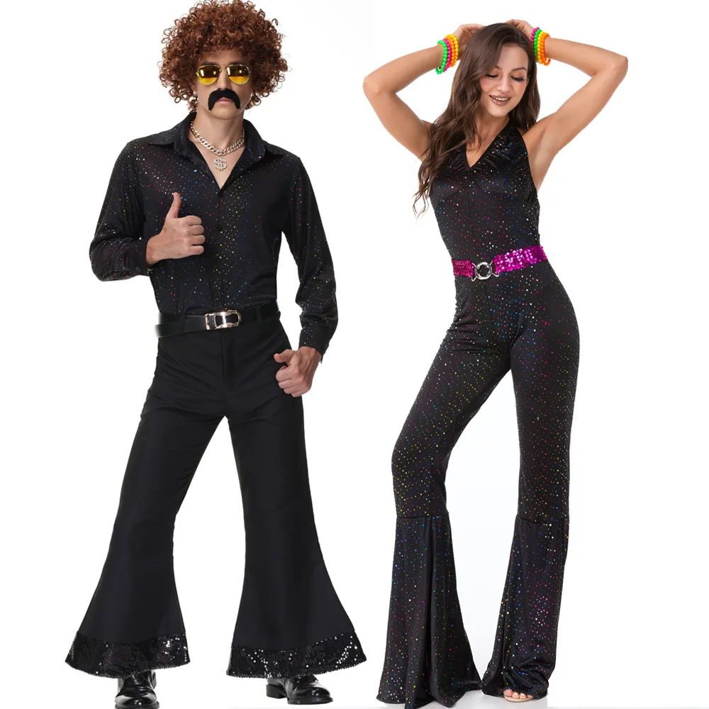 Retro 60s 70s Hippy Hippie Disco Costume Cosplay for Men Women Couples Halloween Party Performance Fantasia Sequins