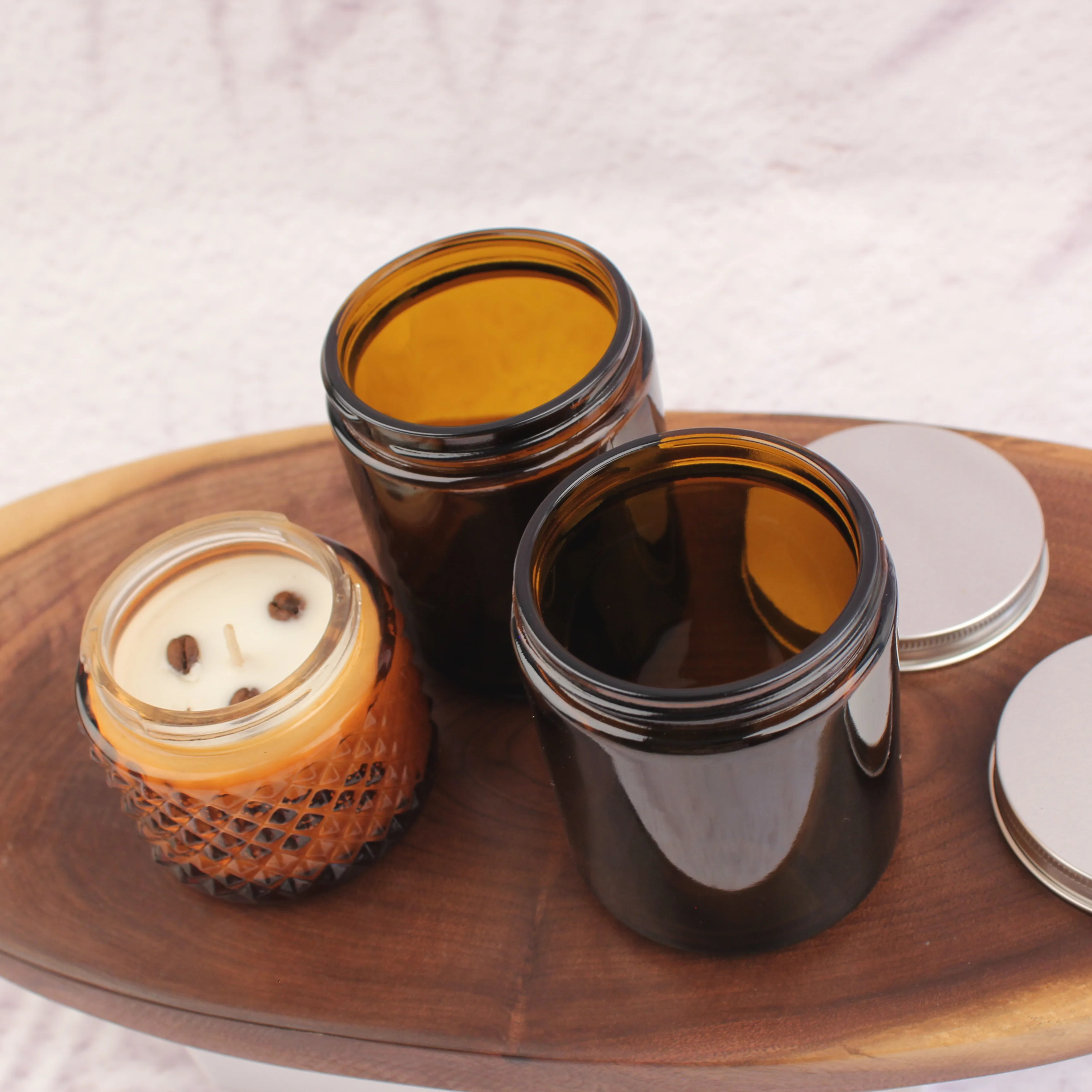 Empty Soy Wax Glass Candle Container 8oz 250ml Wide Mouth Amber Glass Candle Jar with Screw Metal Gold Lid