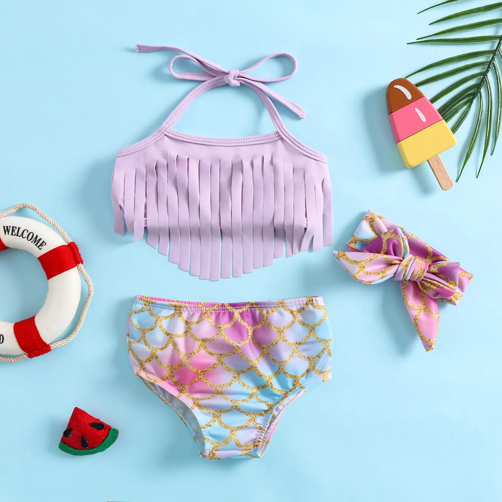 Summer Girls Kids Swimsuit Two Piece Floral Tassel Swimwear for Children Bikini Bathing Suit