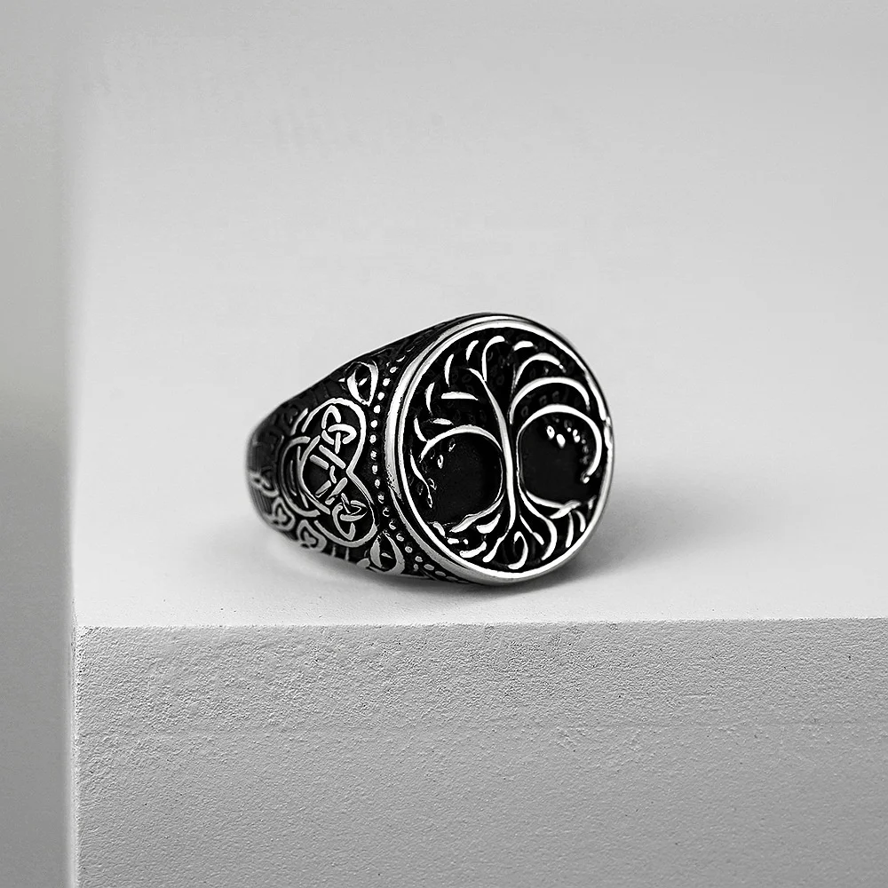 Vintage Norse Viking Jewelry Tree Of Life Band Ring Stainless Steel World Tree Yggdrasil Ring Nordic Celtic Ring