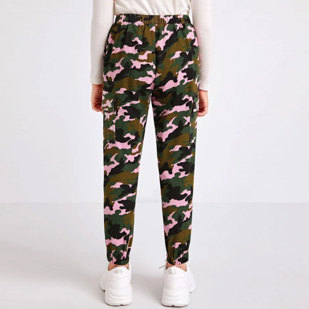 Custom Cargo Pants Full Length Tween Girl Flap Pockets Side Camo Pants Camouflage for Kids
