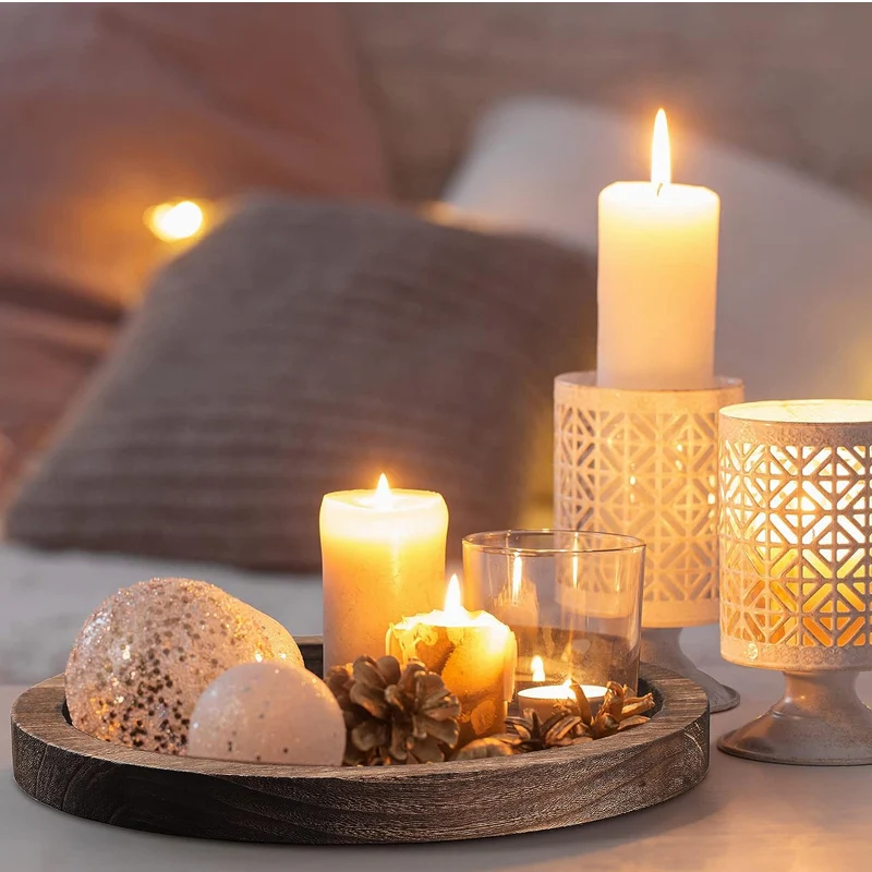 6 Pcs Farmhouse Wooden Tray Serving Round Tray Decorative Candle Holder Trays for Vintage Centerpiece Home Decor Coffee Table