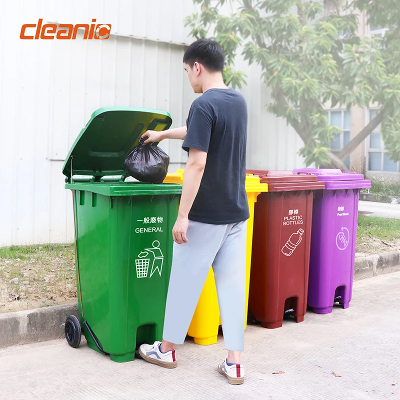Commercial 120L foot pedal HDPE plastic outdoor garbage container recycle waste bins with lid for street warehouse