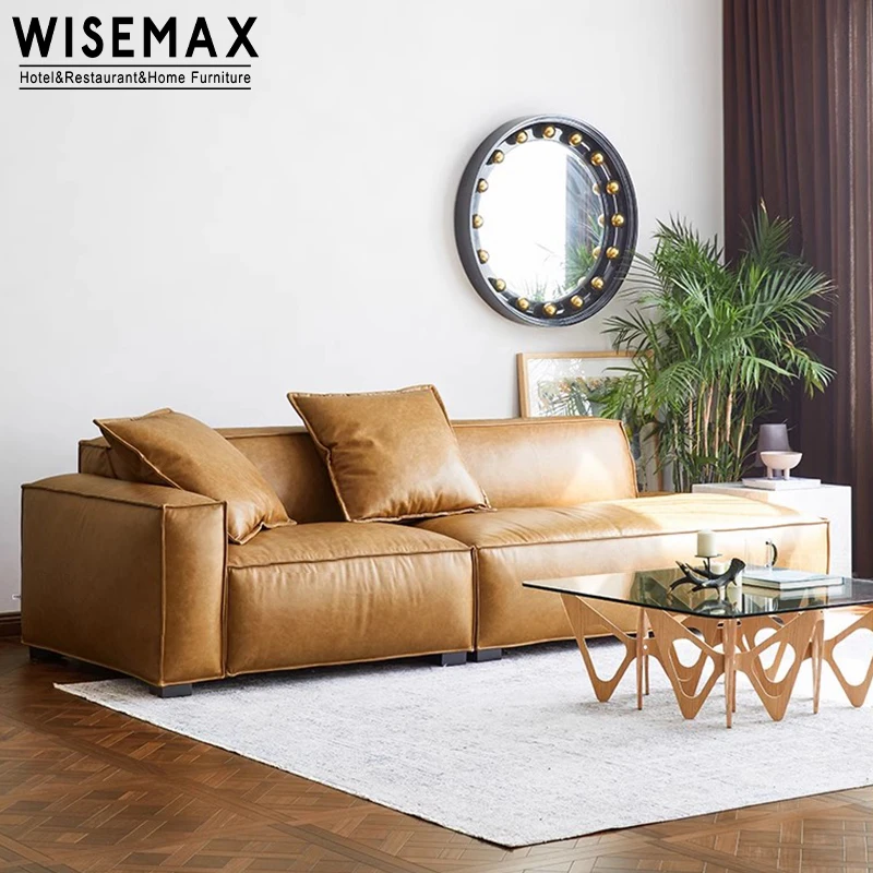 WISEMAX FURNITURE Light luxury design living room sofa sectionals pine wood frame real leather fabric 4 seats home modular couch