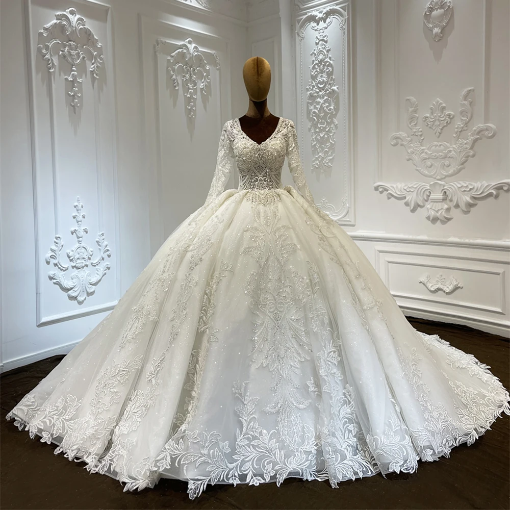 Custom-made 3D floral lace applique embroidered long sleeve princess ball gown fairy wedding dress LSCJ31-2