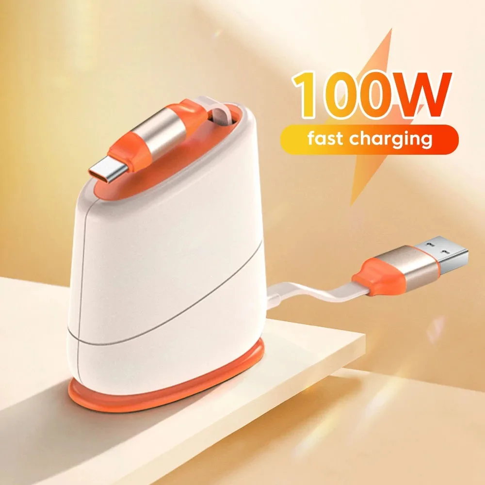 Single Pull 100W USB Type C Cable Desktop Retractable PD60W Type C to Type C Fast Charging Data Cord For iPhone 16 Huawei Xiaomi