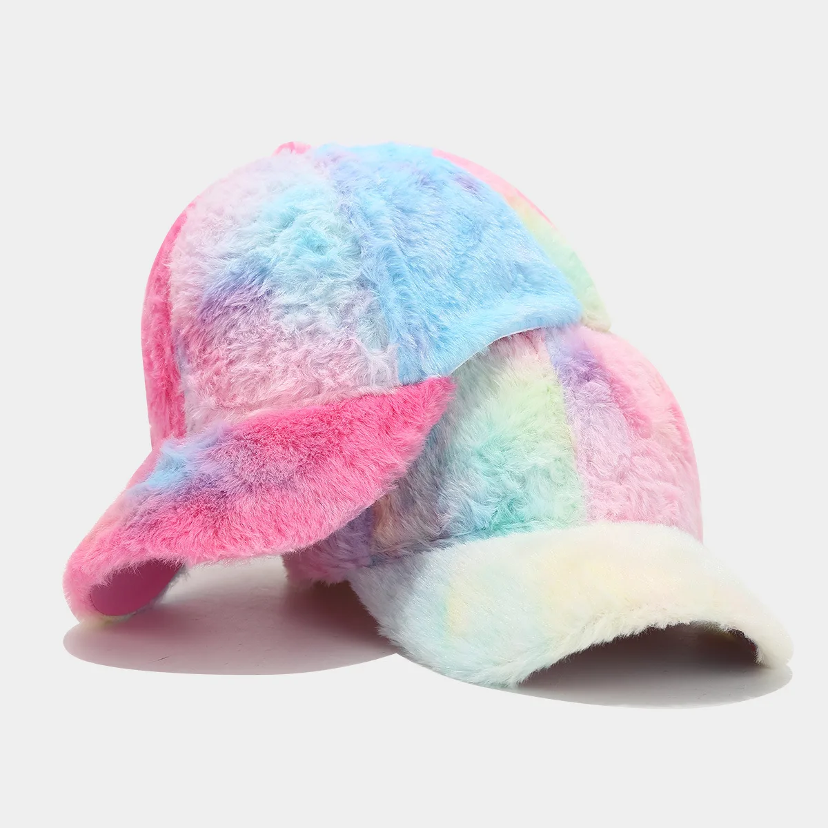 new designer women faux fur winter hats wholesale fashion rainbow color tie-dyed polyester 6-panel baseball cap custom
