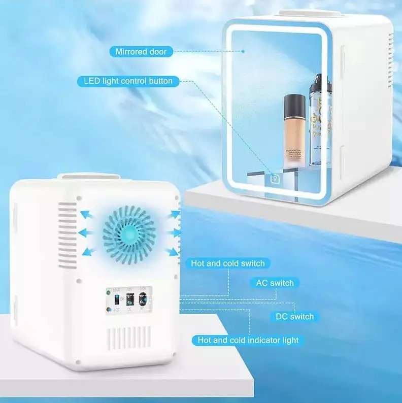 Portable Mirrored Beauty Fridge With LED Lighting 4 Liter Mini Refrigerator, Skin Care, Makeup Storage