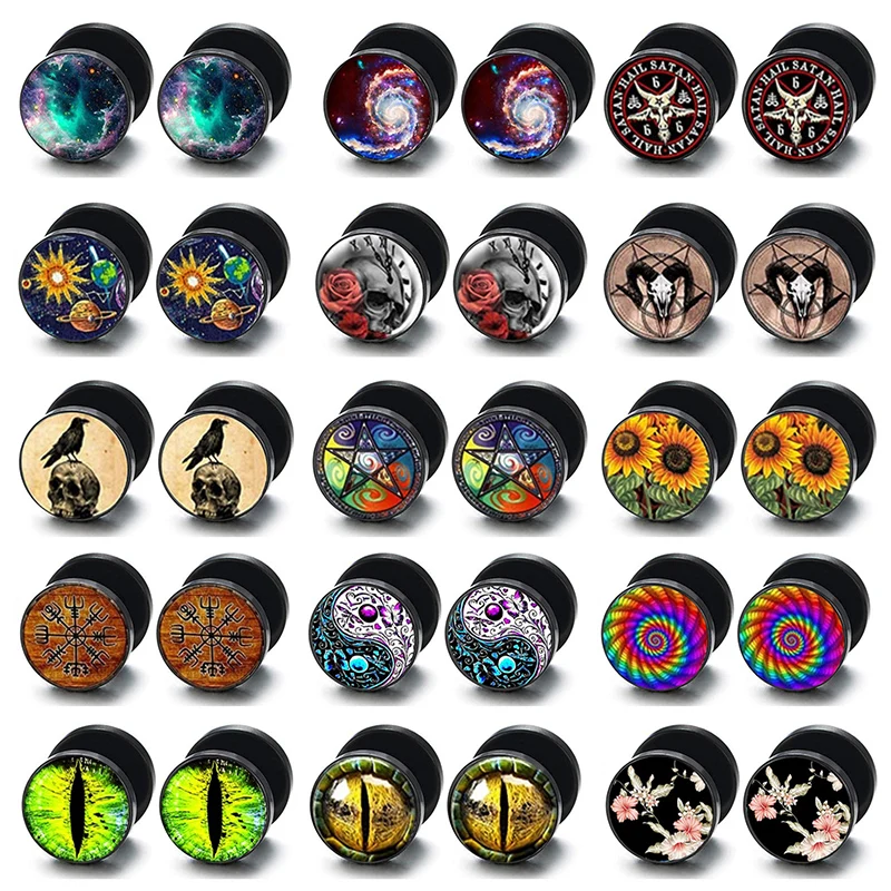 Fashion 10mm Stud Earrings for Men Women Black Skull Ear Stud Barbell Piercing Fake Ear Plugs Punk Earring