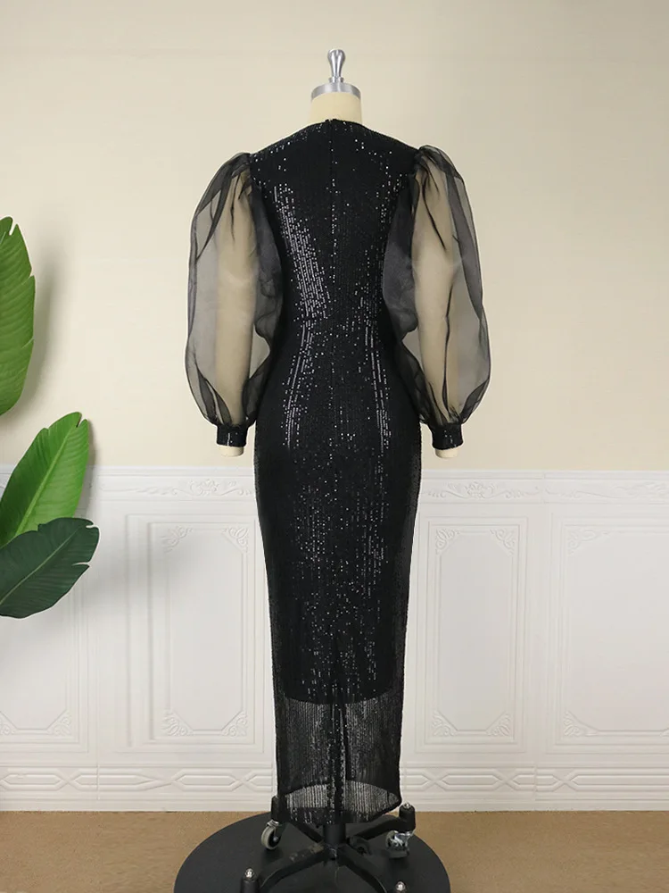 Black Party Sequin Puffy Long Sleeve 4XL Africa Lady Evening Dress