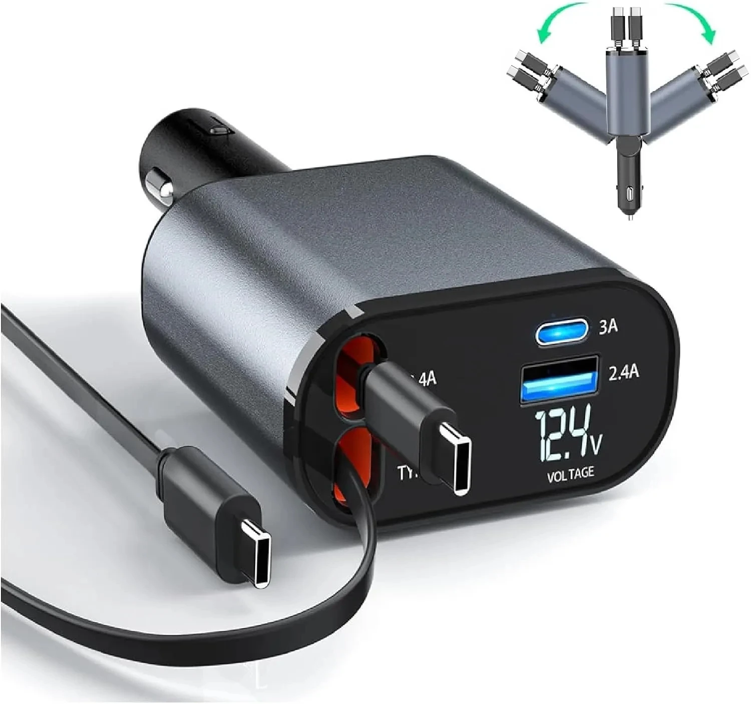 Оптовая продажа 4 в 1 USB-C светодиодный выдвижной кабель 120 Вт Type C IOS PD27W быстрое автомобильное зарядное устройство адаптер для IPhone Android
