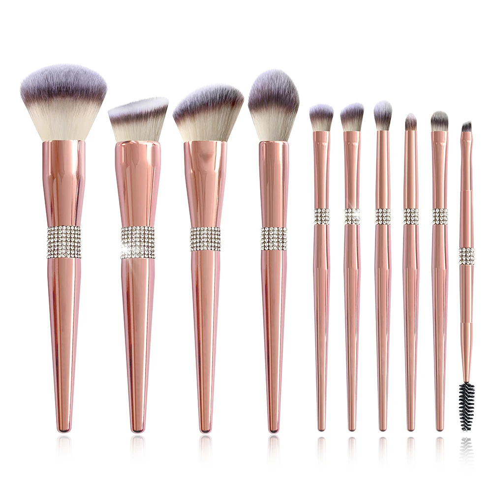 
BUEART 10pcs glitter diamond handle makeup brushes Rose golden Glitter Handle makeup brush with PU bag brochas de maquillaje 